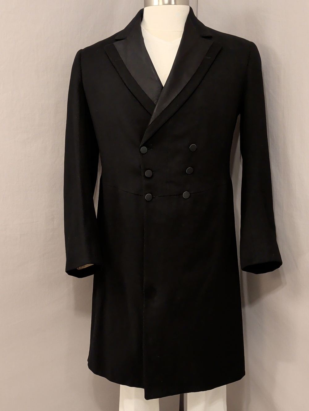 Antique 1910s Men's Black Double-Breasted Frock Coat Long Formal Wool Jacket See
